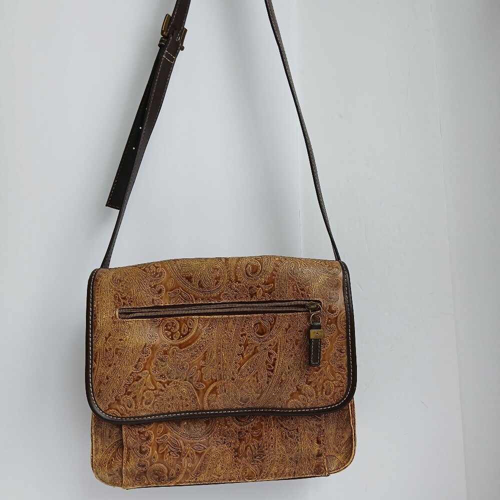 Relic / Fossil Tan & Brown Paisley Embossed Faux Leather Crossbody/Messenger Bag